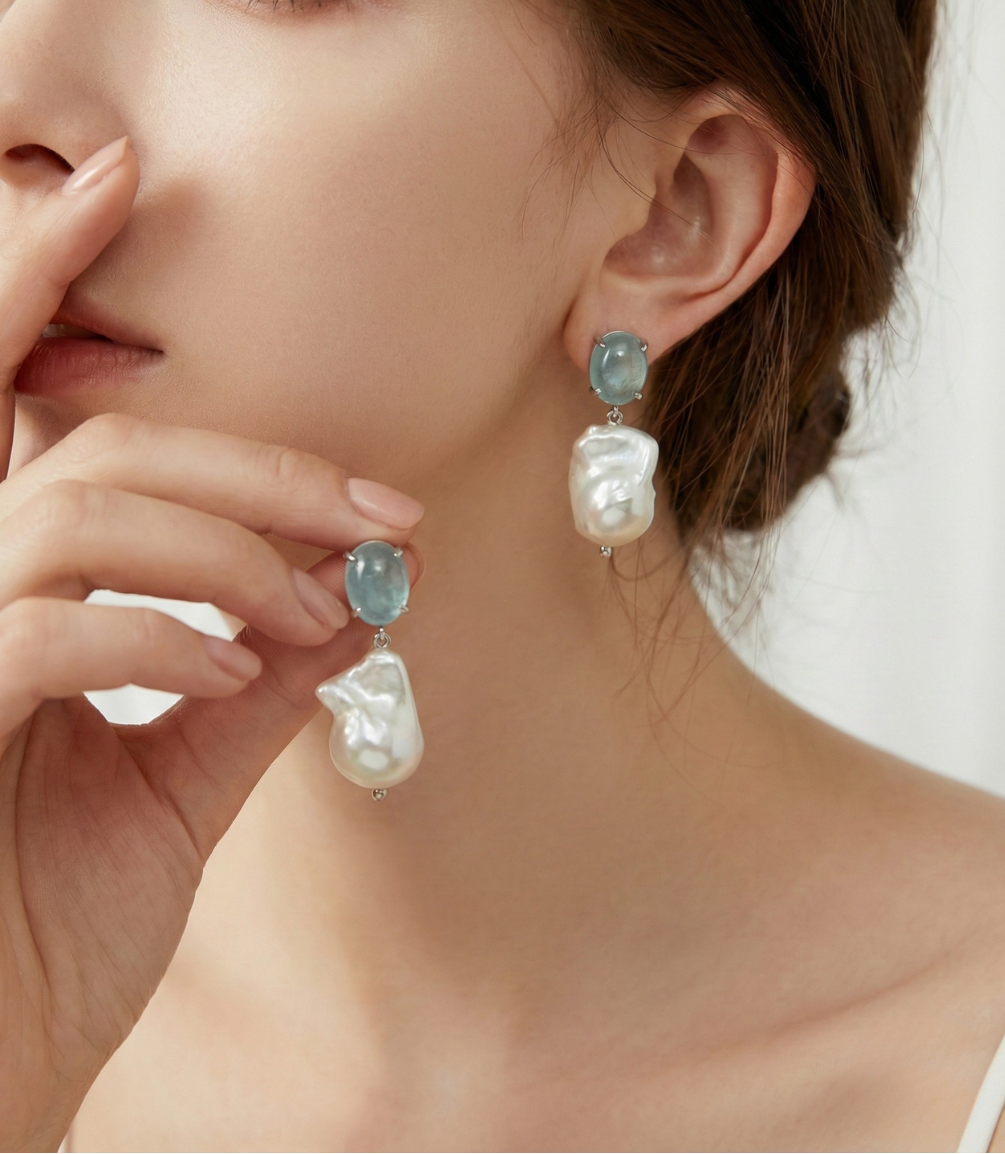 Natural Cabochon Aquamarine with Baroque Pearl Earrings