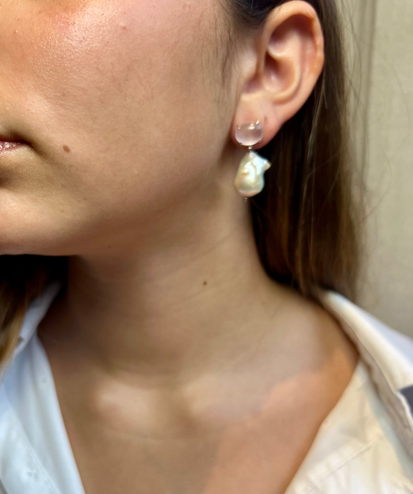 Natural Cabochon Rose Quartz with Baroque Pearl Earrings