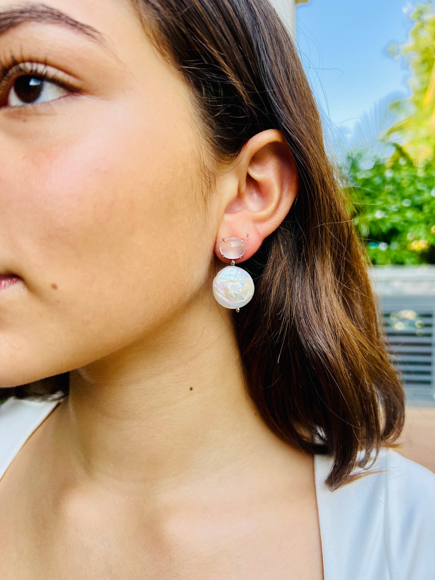 Natural Cabochon Rose Quartz with Coin Baroque Pearl Earrings