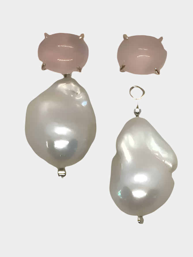 Natural Cabochon Rose Quartz with Baroque Pearl Earrings