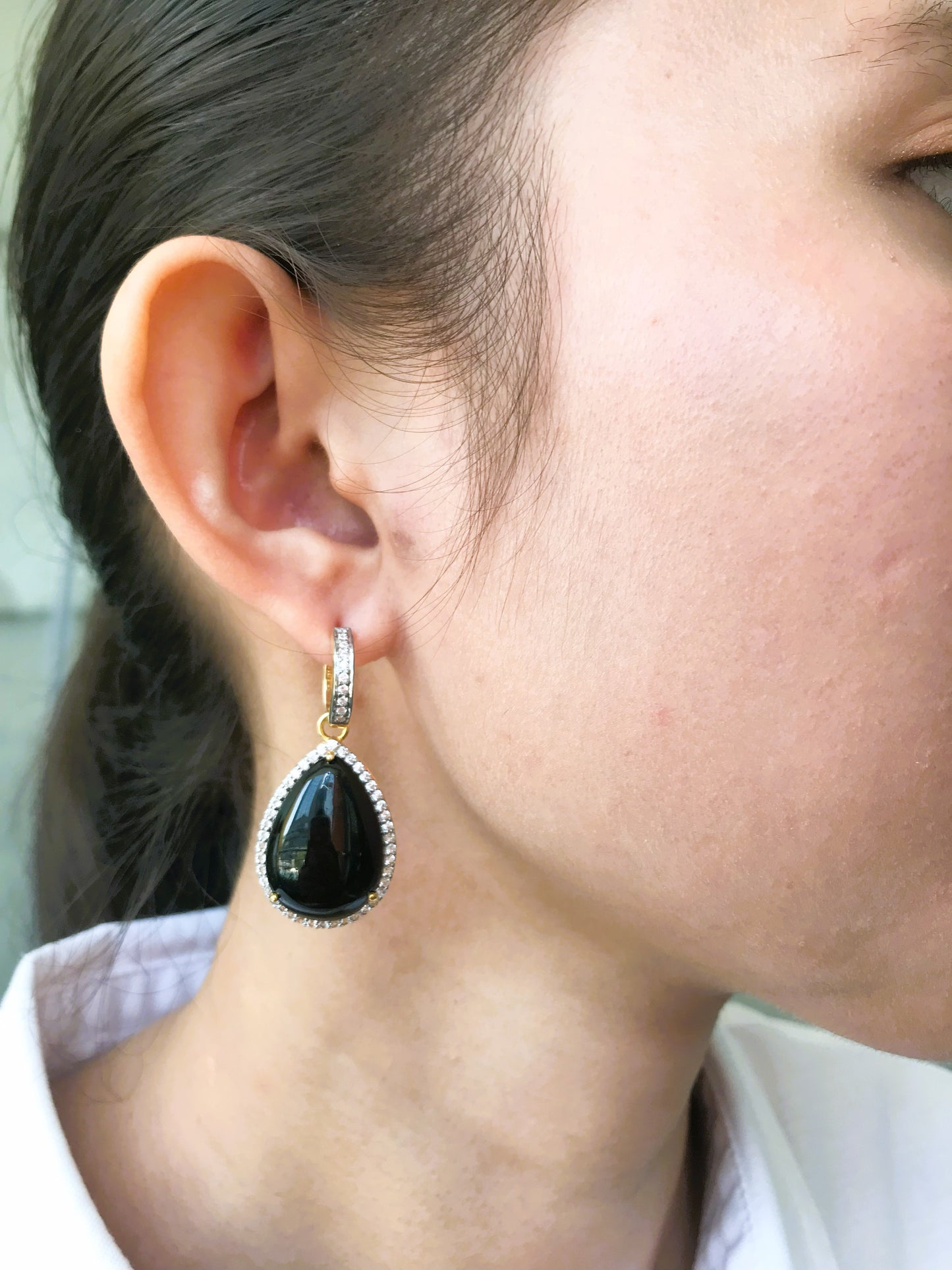 Natural Onyx with Natural White Topaz Earrings