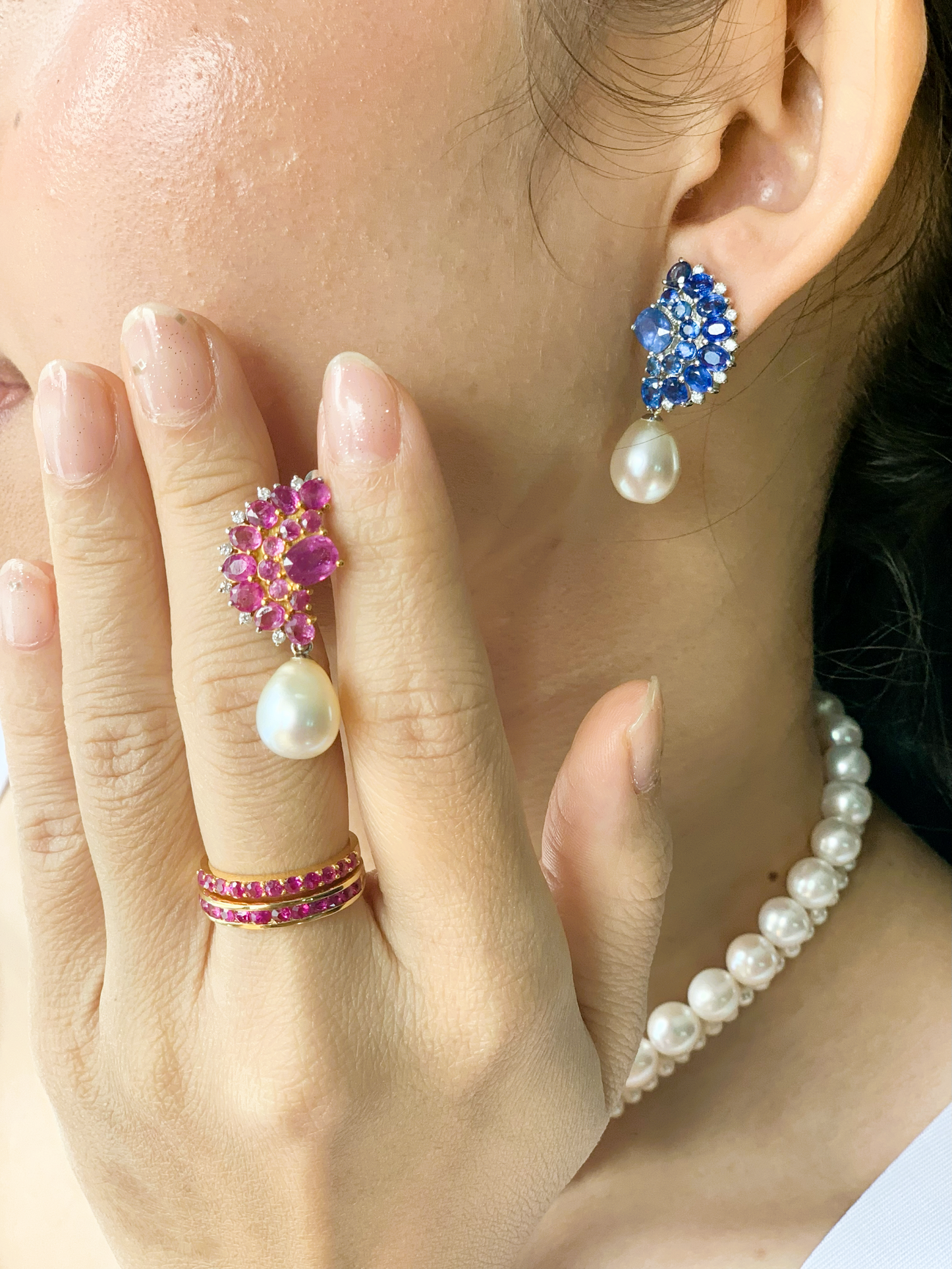 Natural Ruby, Natural Sapphire and Natural Saltwater Pearl Earrings