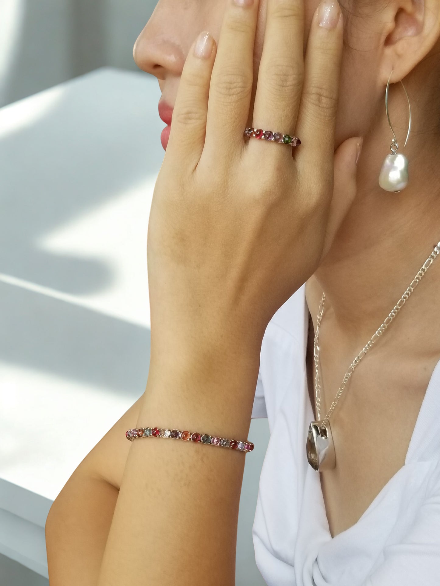 Natural Multicolor Spinel Cabochon Bracelet