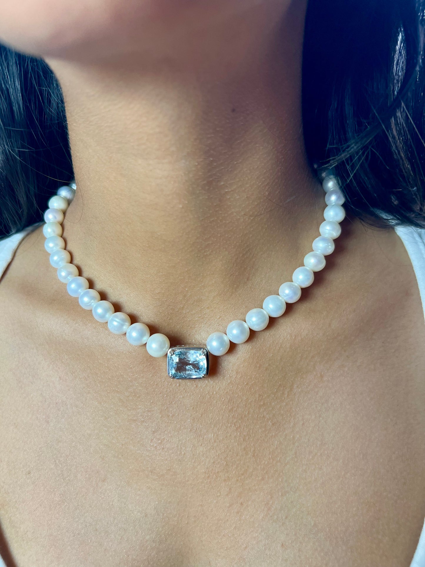 Natural Freshwater Pearl with Aquamarine Necklace