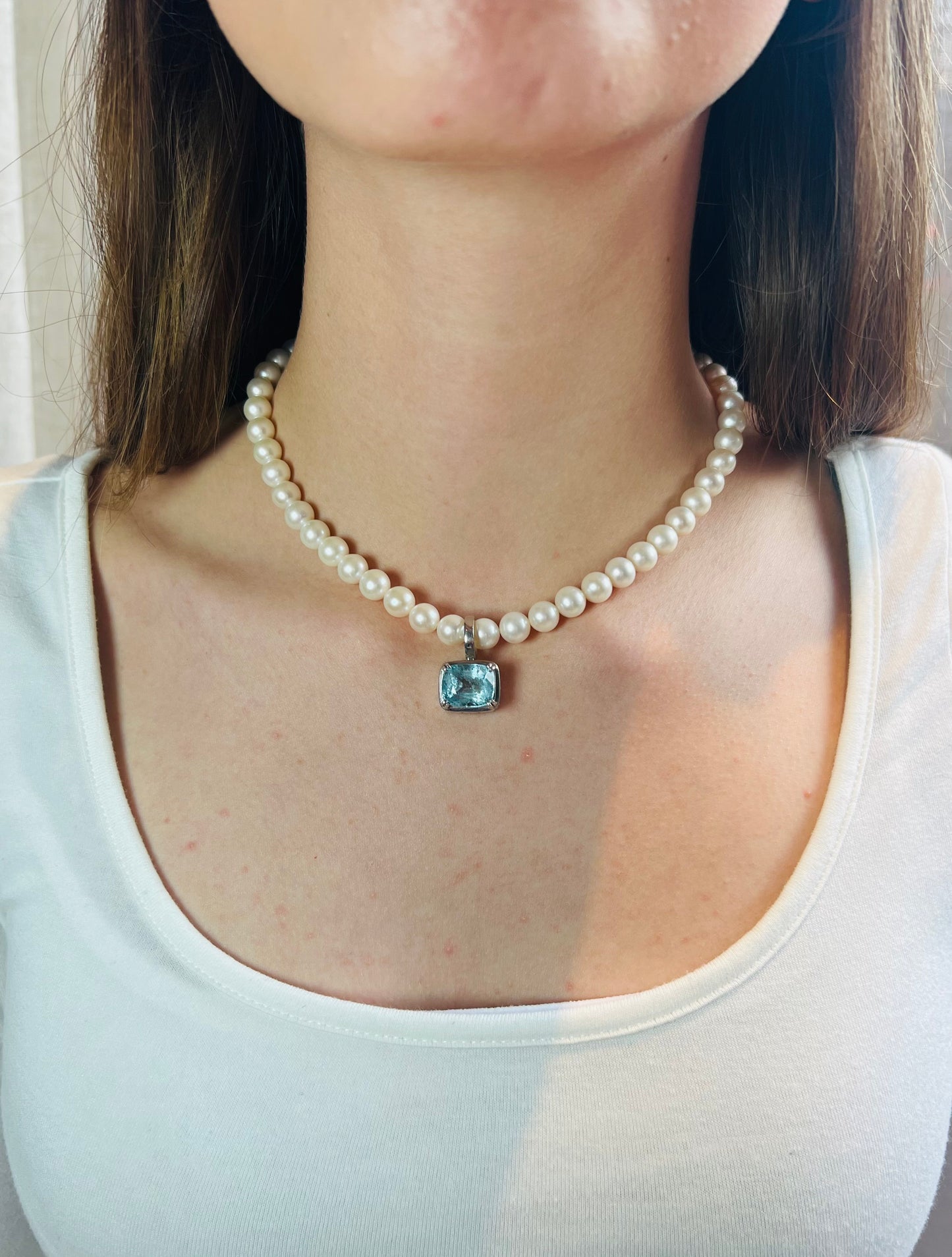 Natural Freshwater Pearl with Aquamarine Necklace