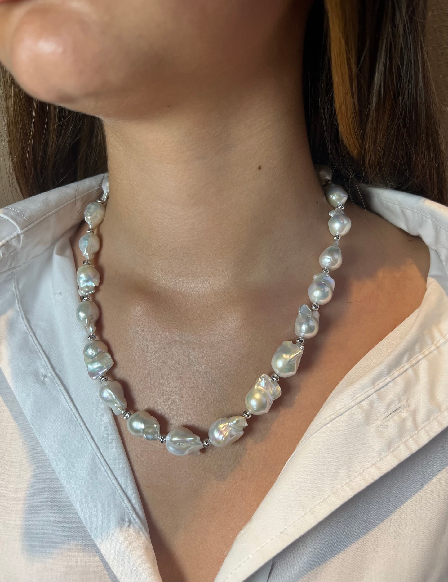 Natural Baroque Pearl with Silver Beads Necklace