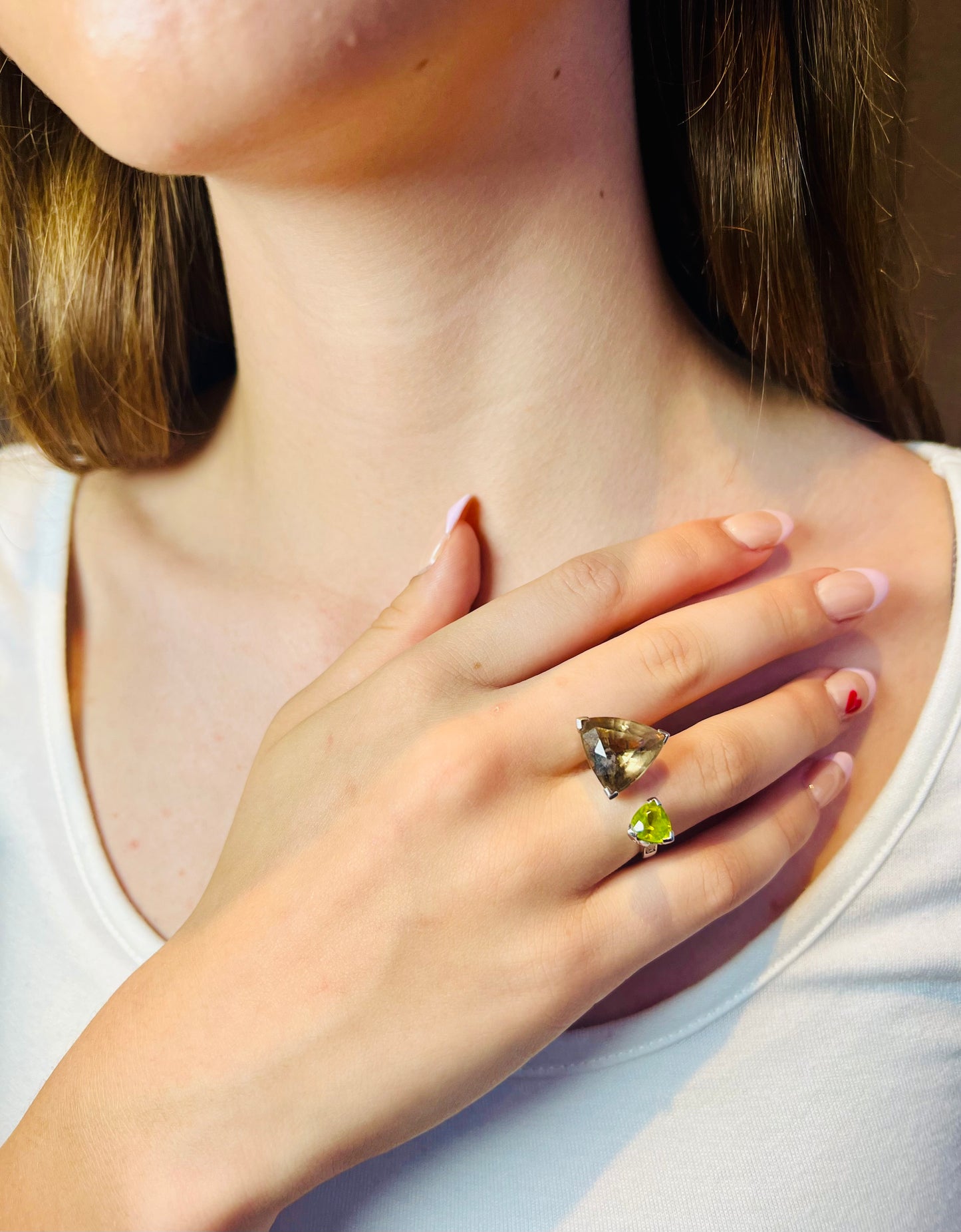 Natural Smoky Quartz and Natural Peridot Ring