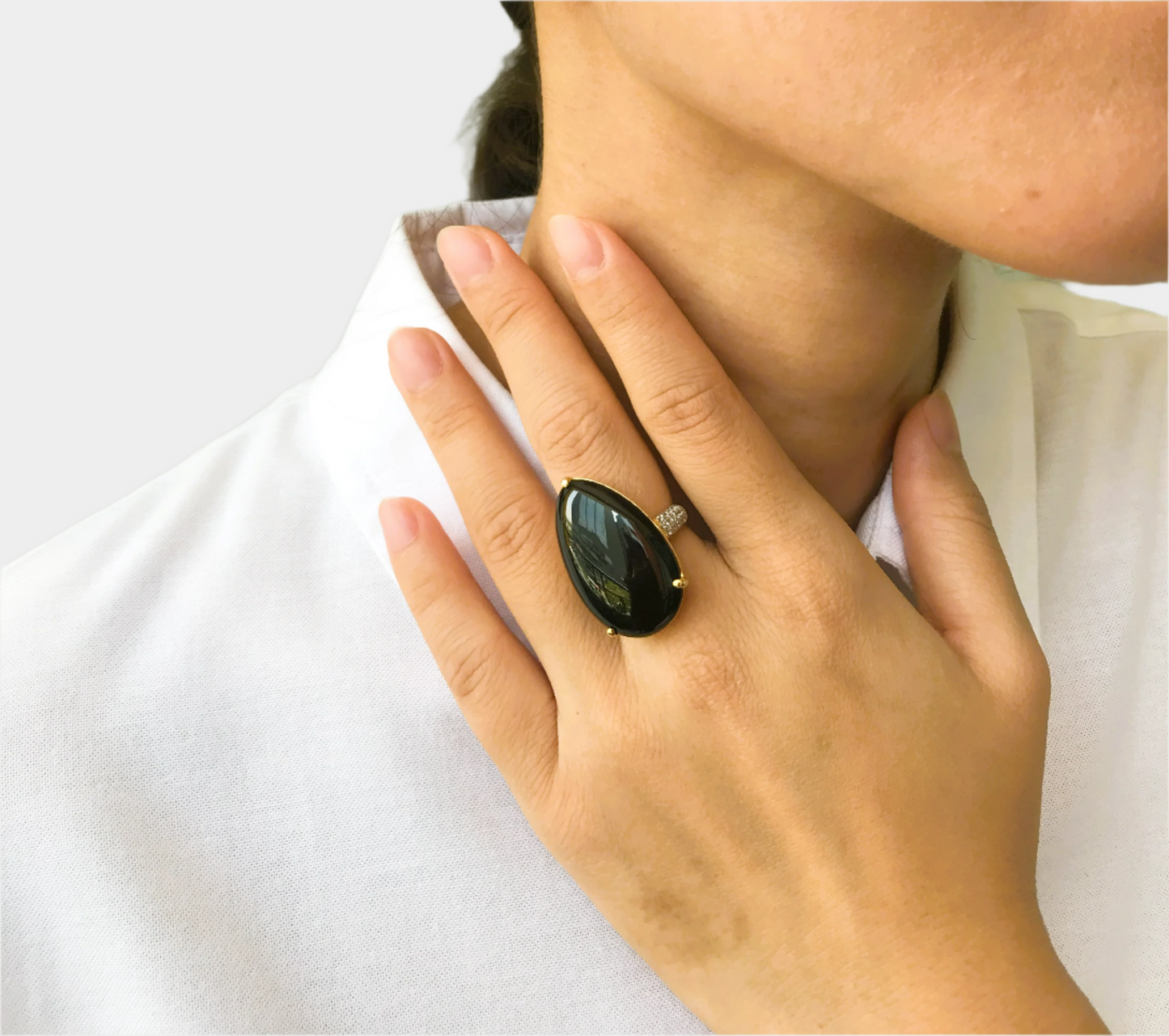 Natural Onyx with Natural White Topaz Ring