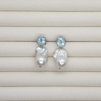 Natural Aquamarine with Baroque Pearl Earrings