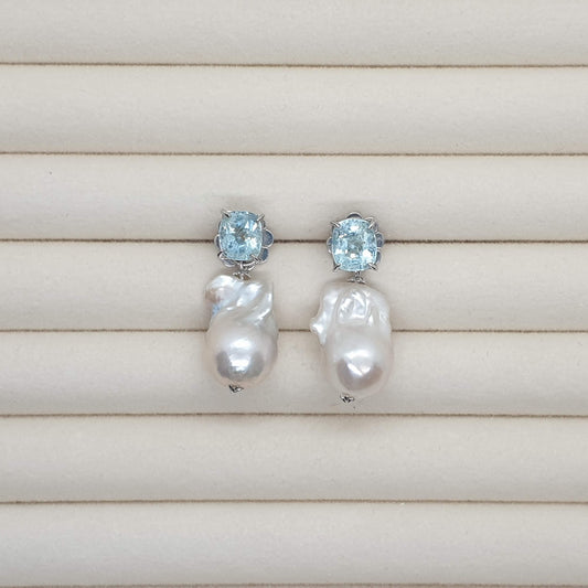 Natural Aquamarine with Baroque Pearl Earrings