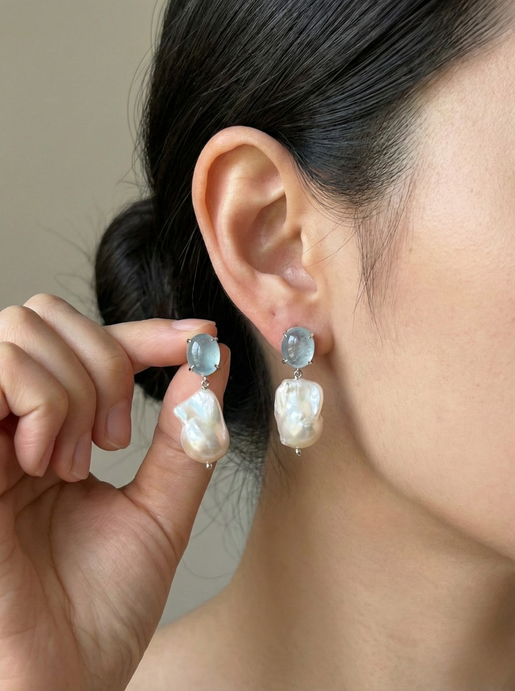 Natural Cabochon Aquamarine with Baroque Pearl Earrings