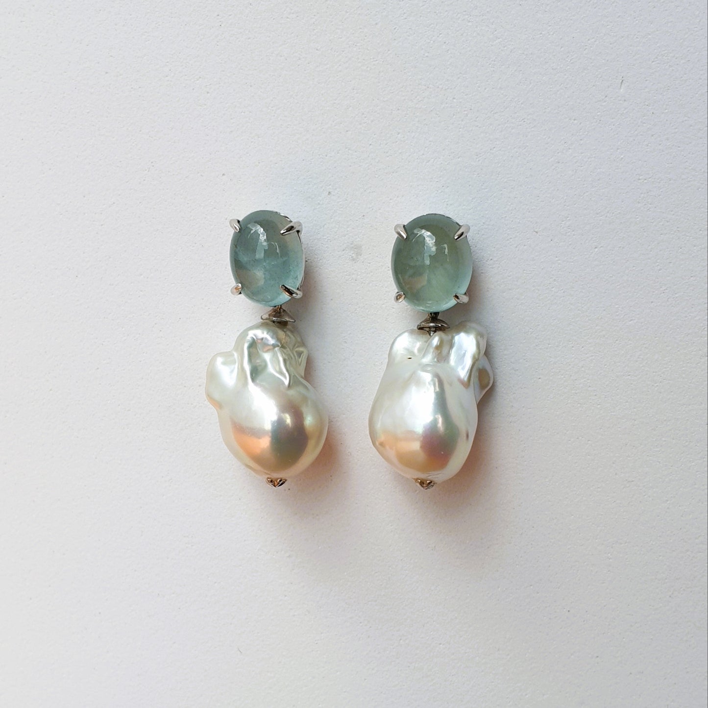 Natural Cabochon Aquamarine with Baroque Pearl Earrings