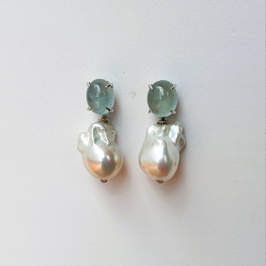 Natural Cabochon Aquamarine with Baroque Pearl Earrings