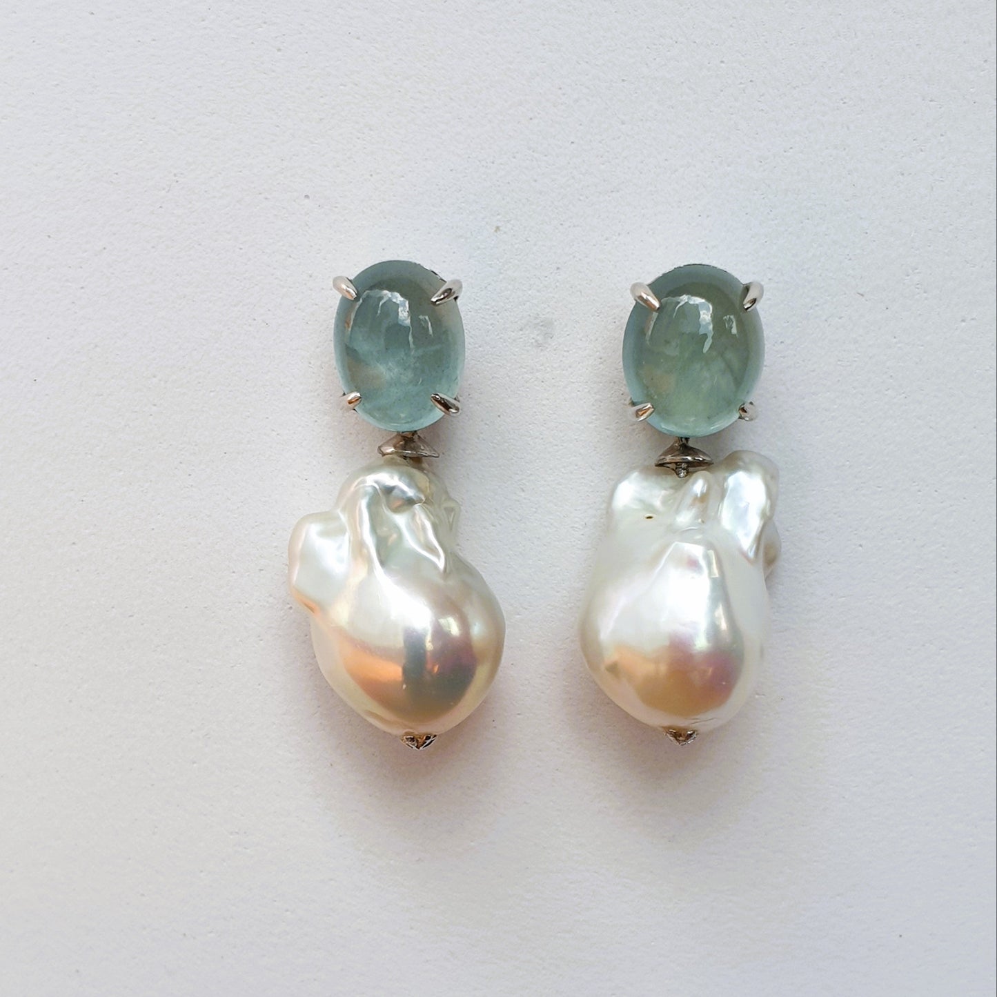 Natural Cabochon Aquamarine with Baroque Pearl Earrings