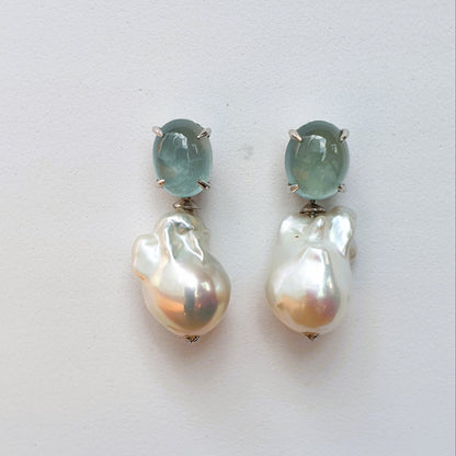 Natural Cabochon Aquamarine with Baroque Pearl Earrings