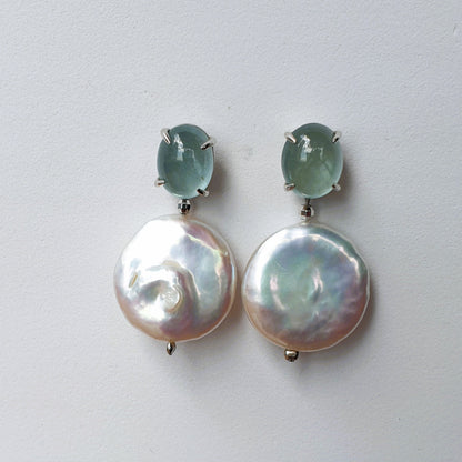 Natural Cabochon Aquamarine with Coin Baroque Pearl Earrings