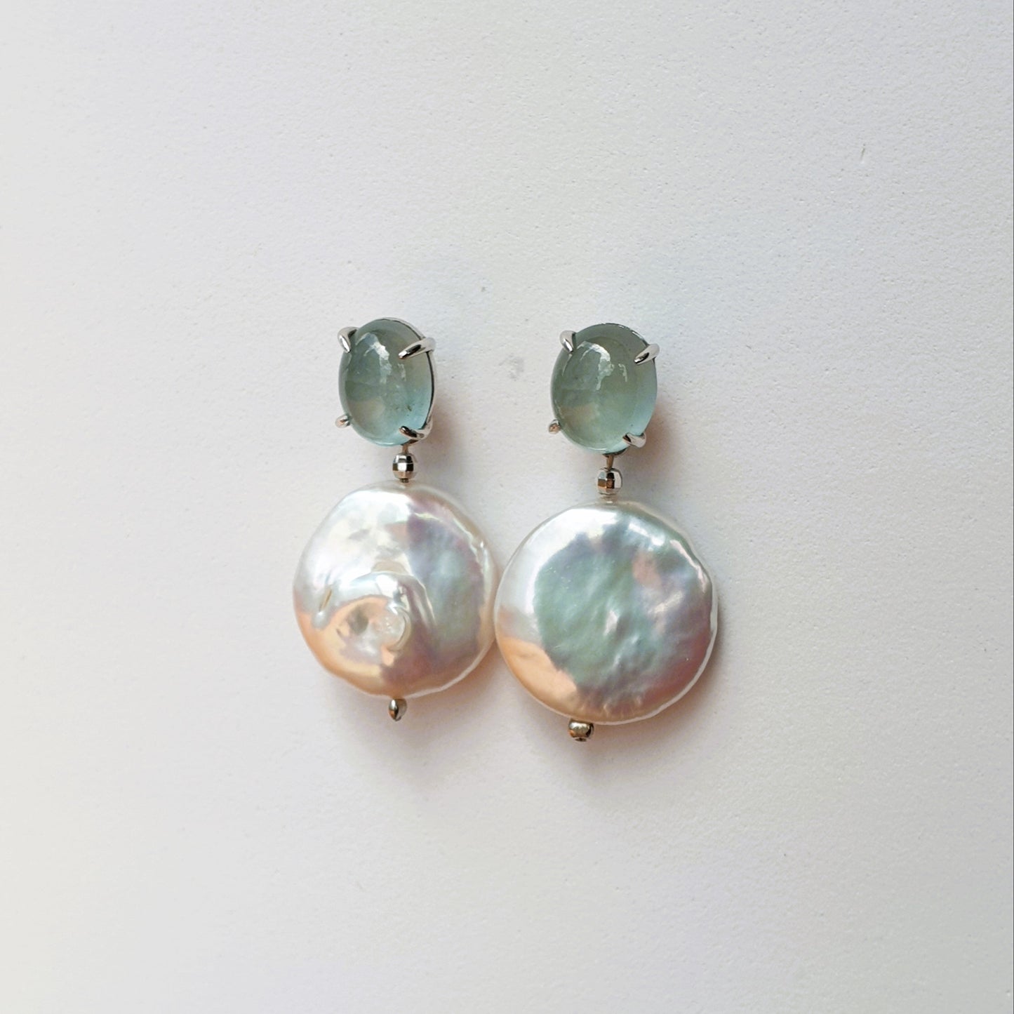 Natural Cabochon Aquamarine with Coin Baroque Pearl Earrings
