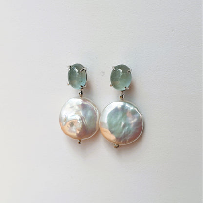 Natural Cabochon Aquamarine with Coin Baroque Pearl Earrings