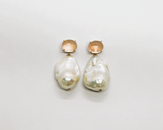 Natural Cabochon Rose Quartz with Baroque Pearl Earrings
