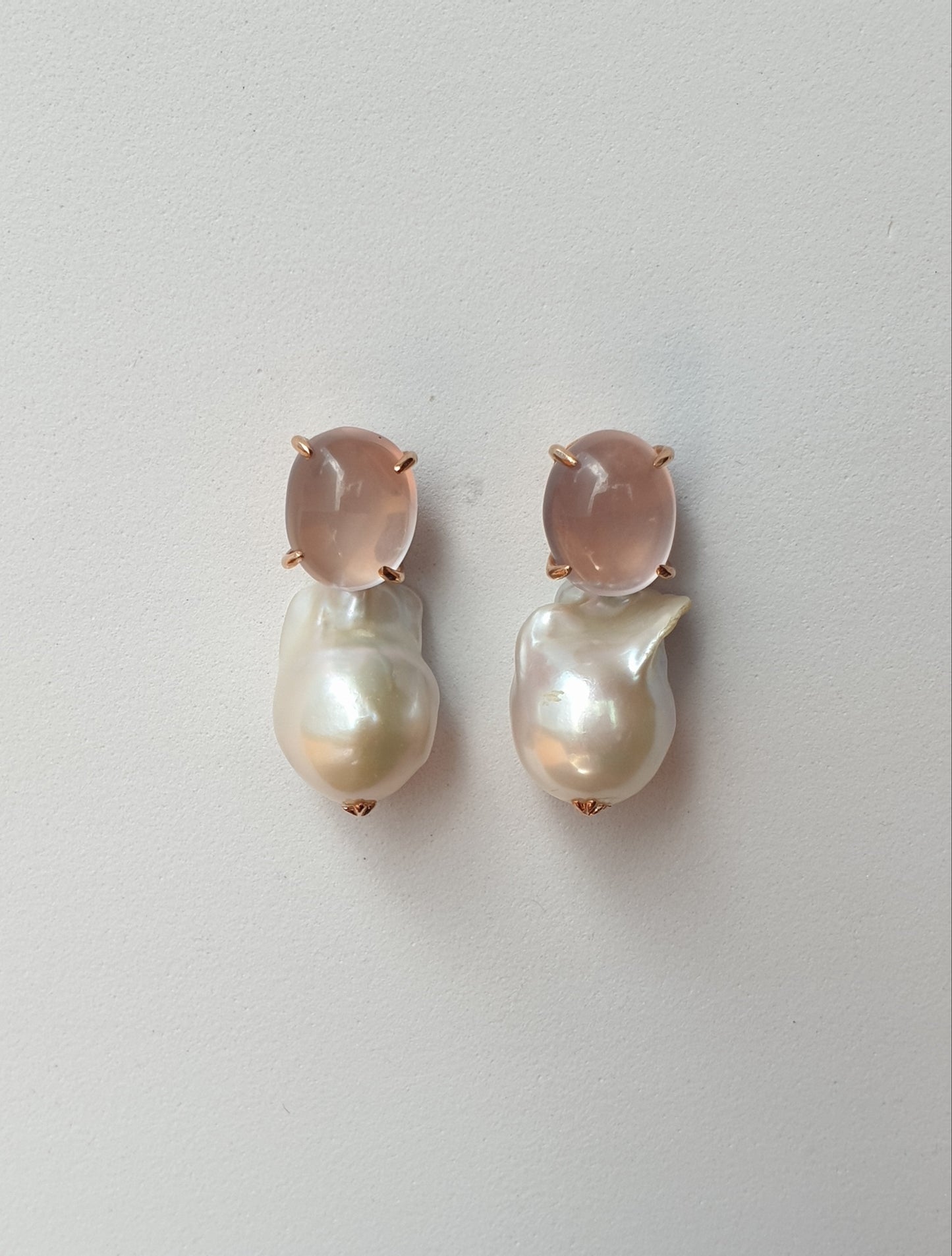 Natural Cabochon Rose Quartz with Baroque Pearl Earrings