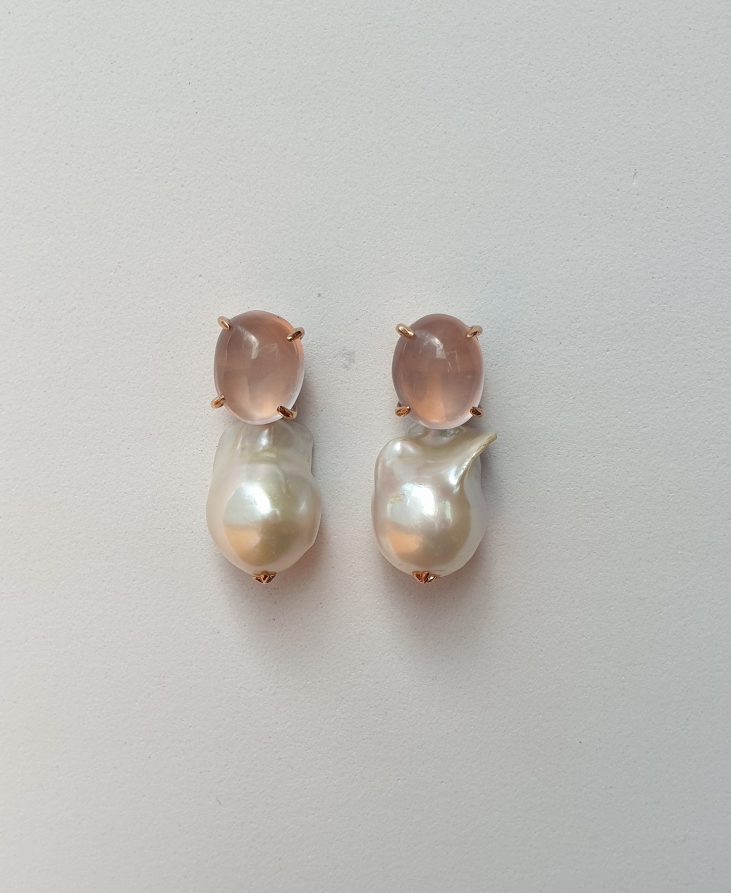 Natural Cabochon Rose Quartz with Baroque Pearl Earrings