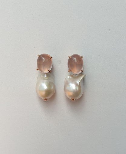 Natural Cabochon Rose Quartz with Baroque Pearl Earrings