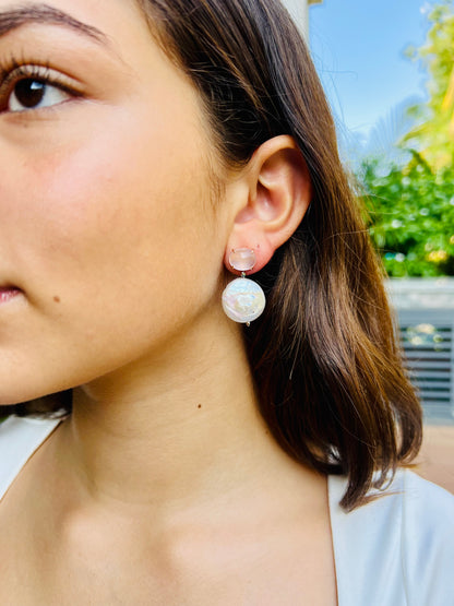 Natural Cabochon Rose Quartz with Coin Baroque Pearl Earrings
