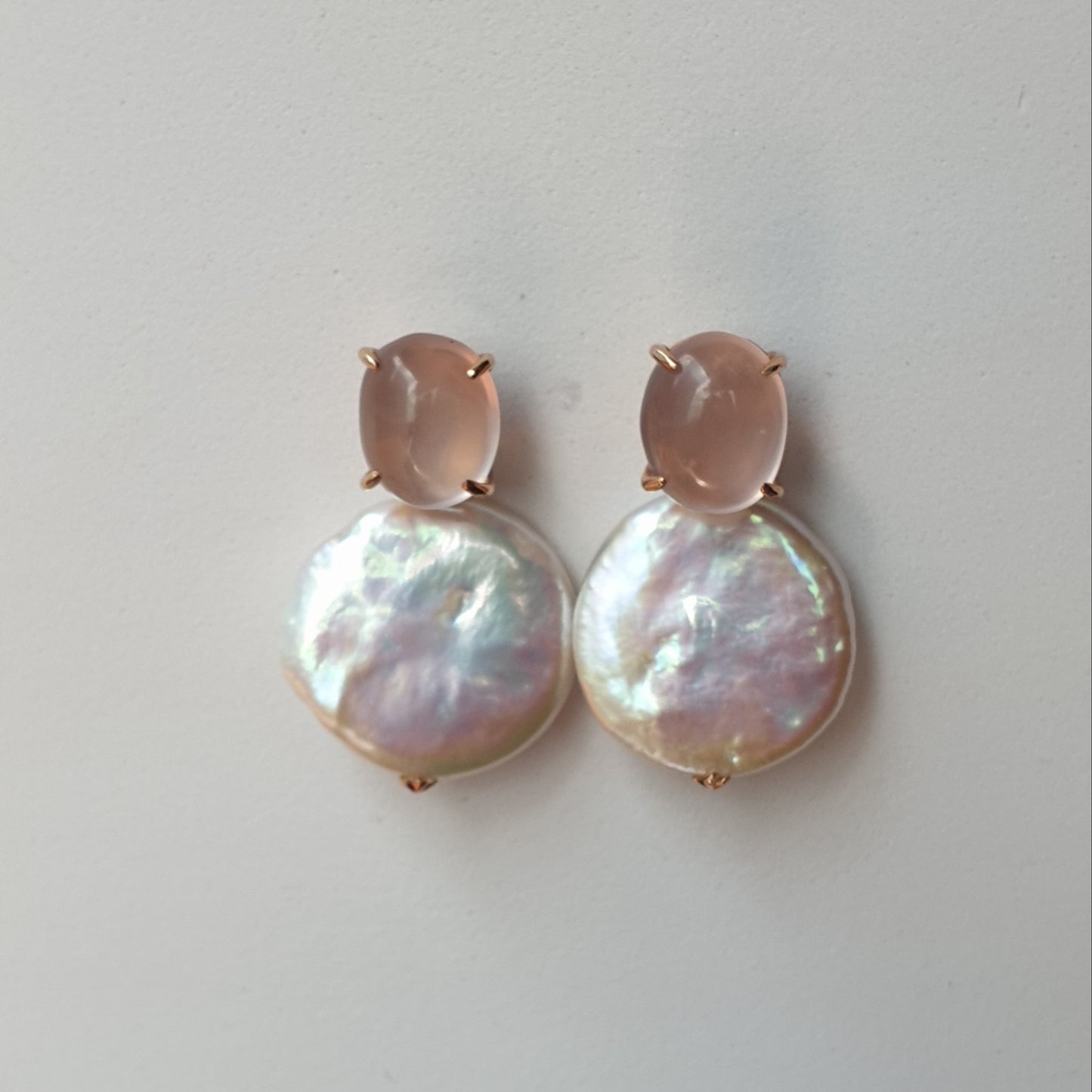 Natural Cabochon Rose Quartz with Coin Baroque Pearl Earrings