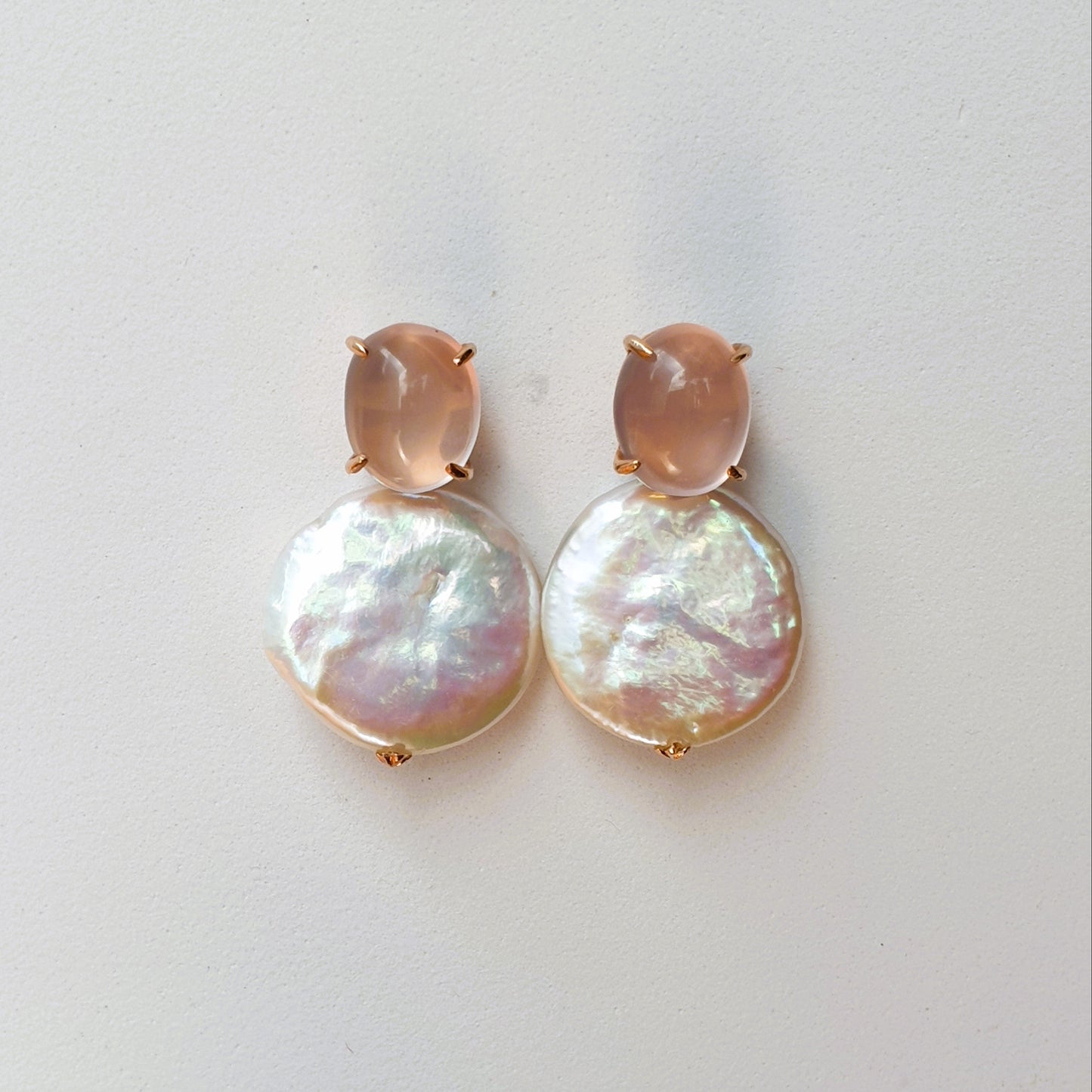 Natural Cabochon Rose Quartz with Coin Baroque Pearl Earrings