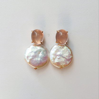 Natural Cabochon Rose Quartz with Coin Baroque Pearl Earrings