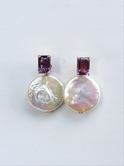 Natural Amethyst with Coin Baroque Pearl Earrings