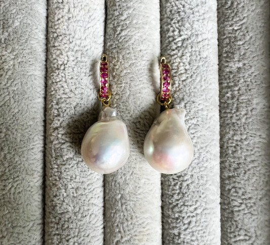 Natural Burmese Ruby with Baroque Pearl Earrings