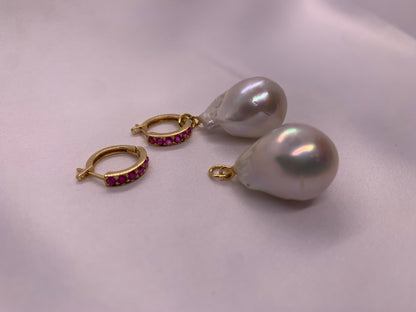 Natural Burmese Ruby with Baroque Pearl Earrings