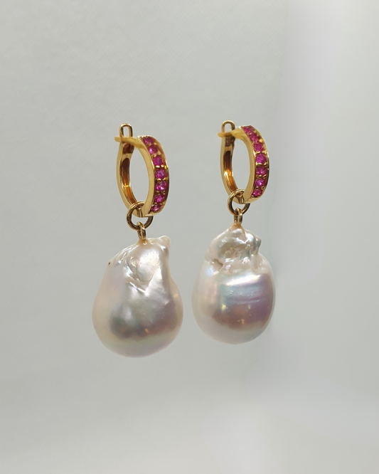 Natural Burmese Ruby with Baroque Pearl Earrings