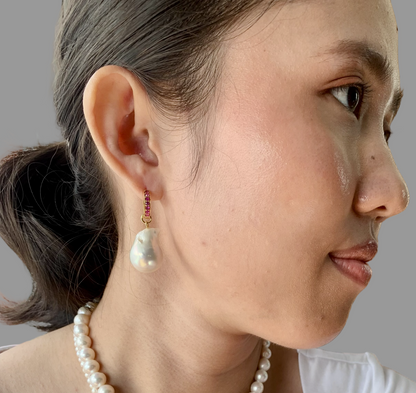 Natural Burmese Ruby with Baroque Pearl Earrings