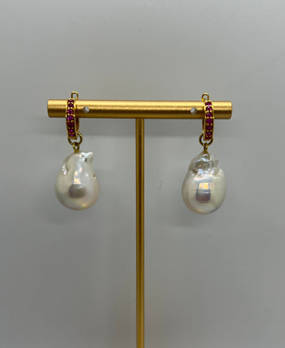 Natural Burmese Ruby with Baroque Pearl Earrings