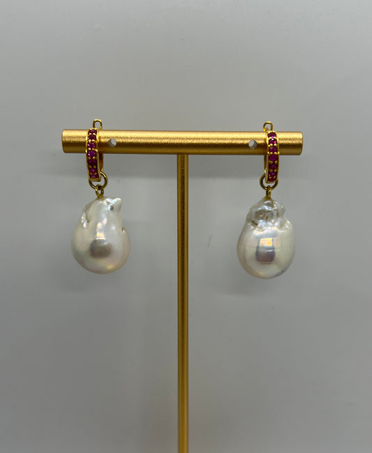 Natural Burmese Ruby with Baroque Pearl Earrings