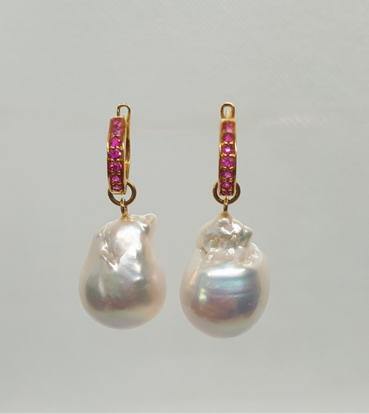 Natural Burmese Ruby with Baroque Pearl Earrings