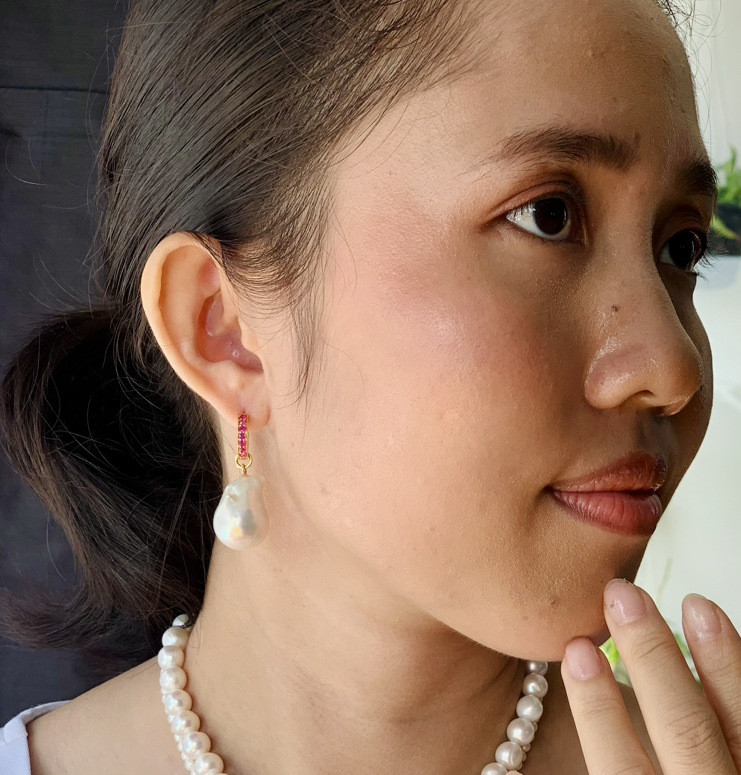 Natural Burmese Ruby with Baroque Pearl Earrings