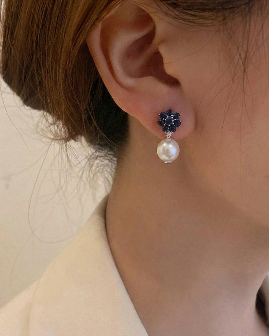 Natural Sapphire with Natural Akoya Pearl and Diamond Earrings