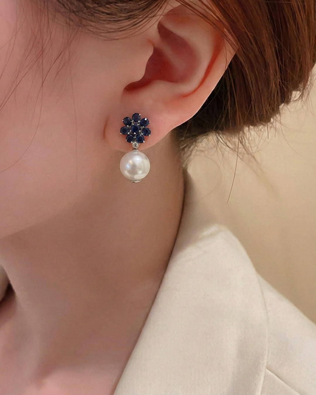 Natural Sapphire with Natural Akoya Pearl and Diamond Earrings