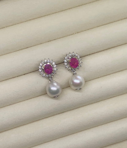 Natural Burmese Ruby with Natural Akoya Pearl and Diamond Earrings