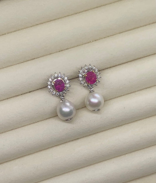 Natural Burmese Ruby with Natural Akoya Pearl and Diamond Earrings