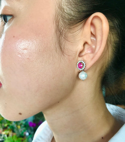 Natural Burmese Ruby with Natural Akoya Pearl and Diamond Earrings