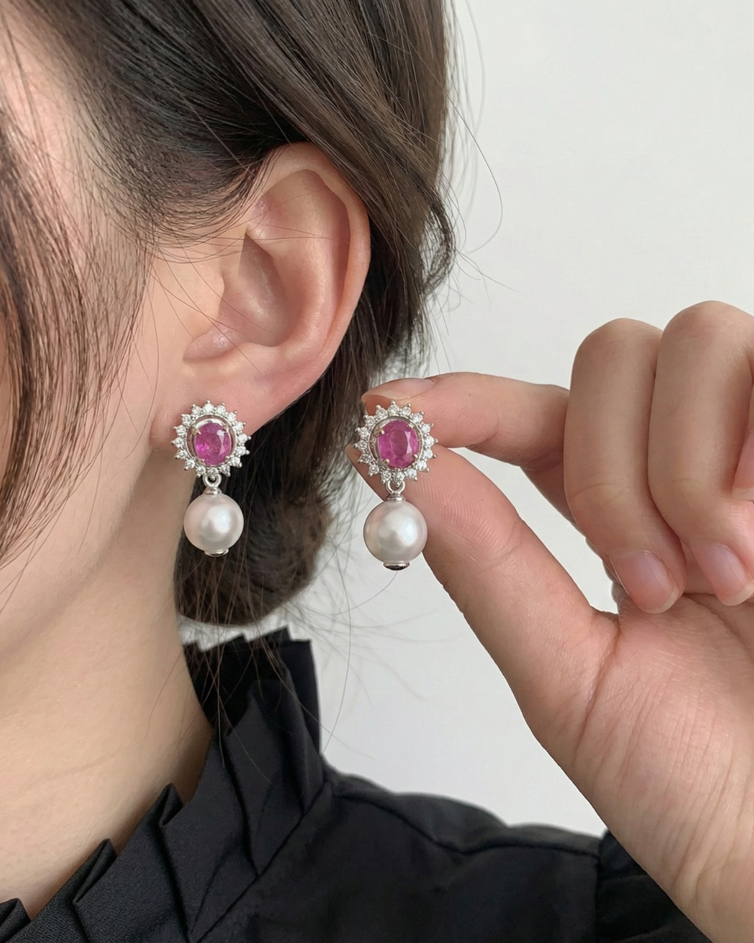 Natural Burmese Ruby with Natural Akoya Pearl and Diamond Earrings