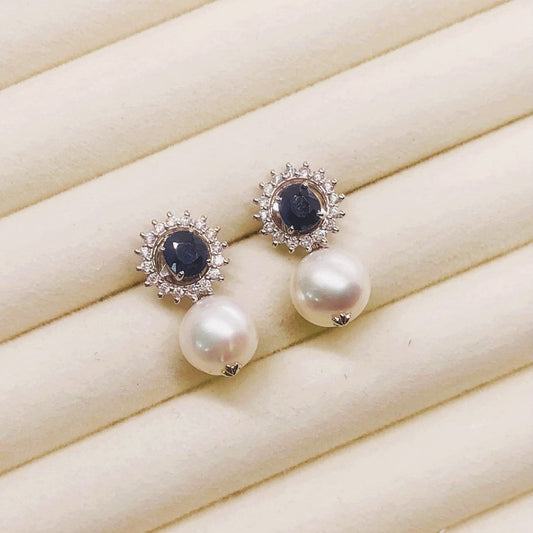 Natural Sapphire with Natural Akoya Pearl and Diamond Earrings