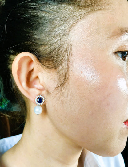 Natural Sapphire with Natural Akoya Pearl and Diamond Earrings
