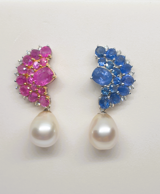 Natural Ruby, Natural Sapphire and Natural Saltwater Pearl Earrings