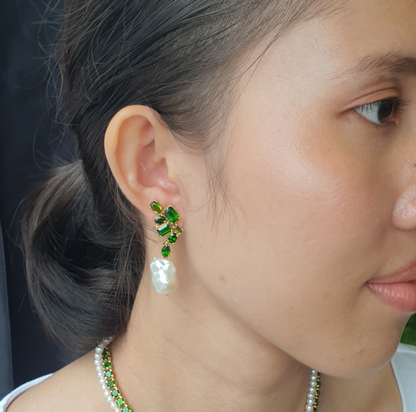 Natural Diopside and Baroque Pearl Earrings