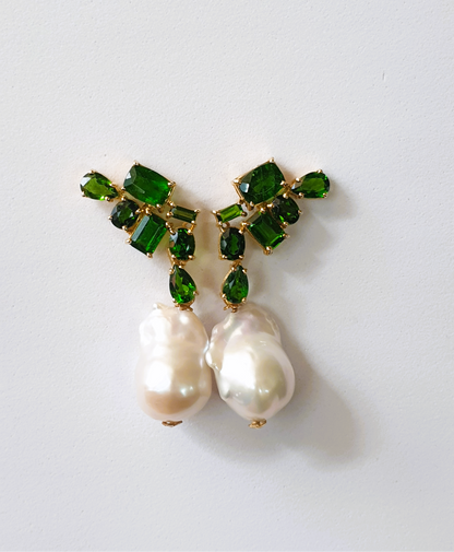 Natural Diopside and Baroque Pearl Earrings
